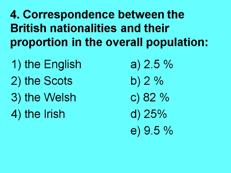 4. Correspondence between the British nationalities and their proportion in the overall population: 